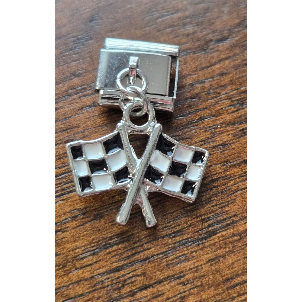 Checkered Racing Flags Dangle Italian Charm 9mm Stainless Steel Link Jewelry
